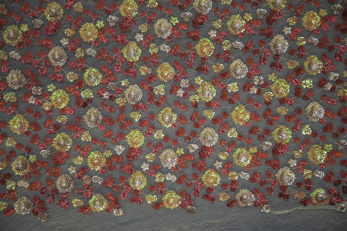 Coral Cluster Flower Design Sequin Embroidered Fabric | Burç Fabric