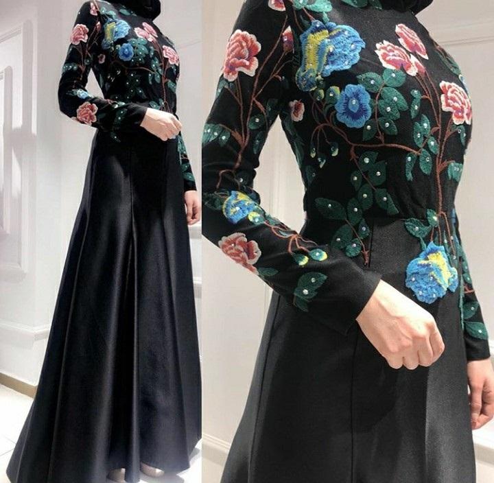Carnation Design Floral Thread Embroidered Knitted Dress | Burç Fabric