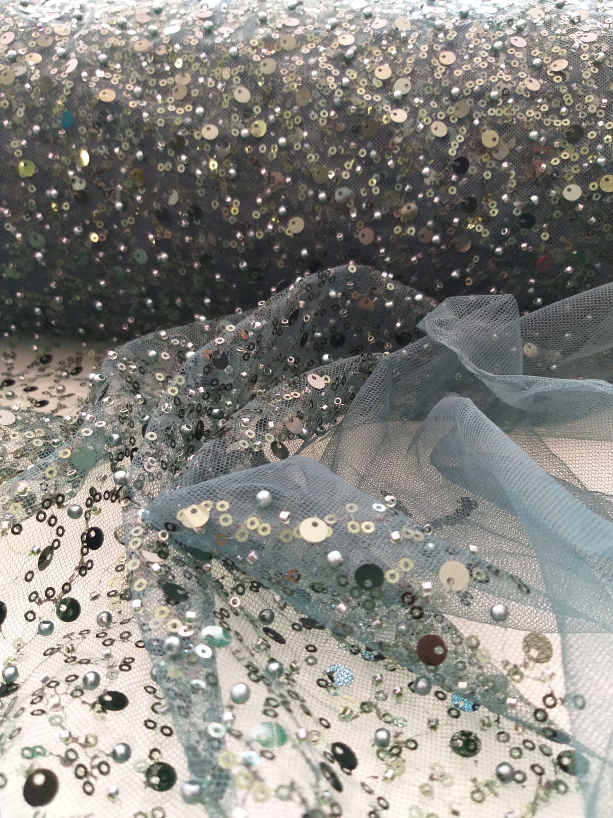 BL-001A DENSE SEquined PEARL AND CUT BEADED FABRIC