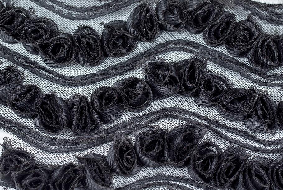 Black 3D Chiffon Rose Embroidery Fabric | Burç Fabric
