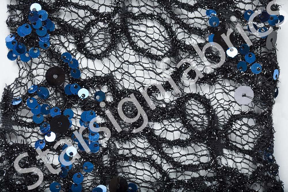 Saks Blue Sequin Lace Embroidery Fabric with Butterfly Design | Burç Fabric