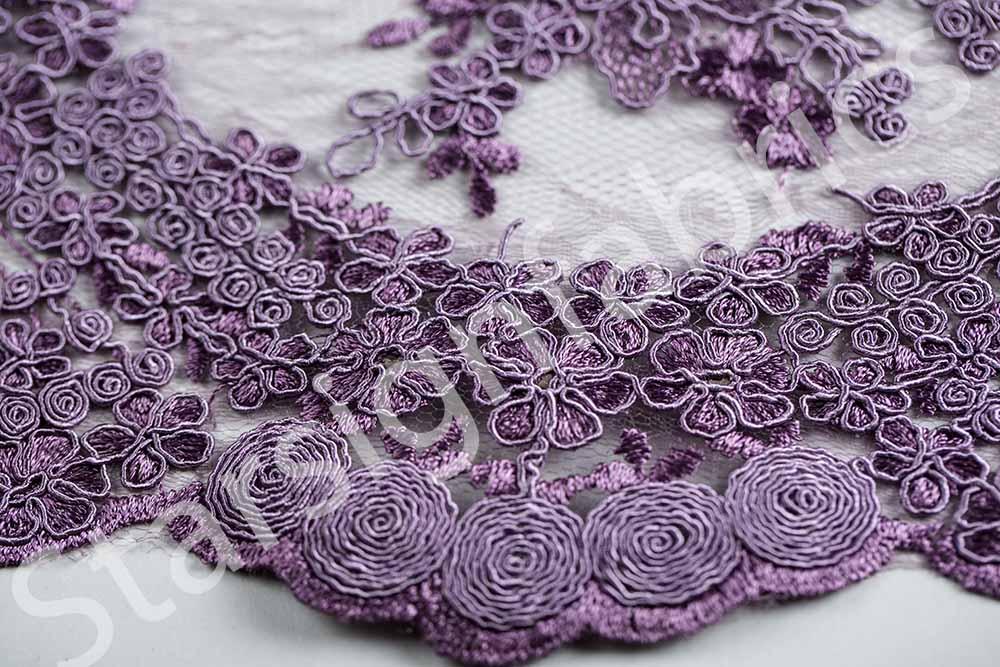 Lilac Scalloped Edged Stringed Floral Embroidered Lace Fabric | Burç Fabric