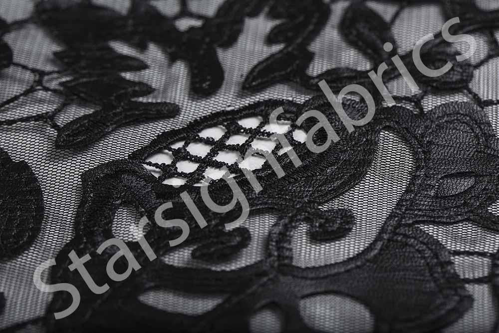 Black Laser Cut Rose Embroidered Faux Leather Tulle Fabric | Burç Fabric