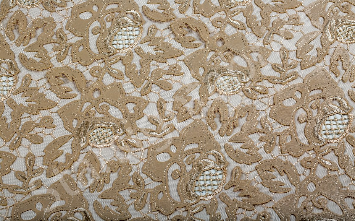 Gold Laser Cut Rose Embroidered Faux Leather Tulle Fabric | Burç Fabric