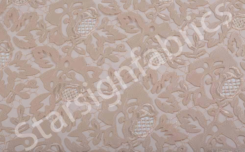 Gold Laser Cut Rose Embroidered Faux Leather Tulle Fabric | Burç Fabric