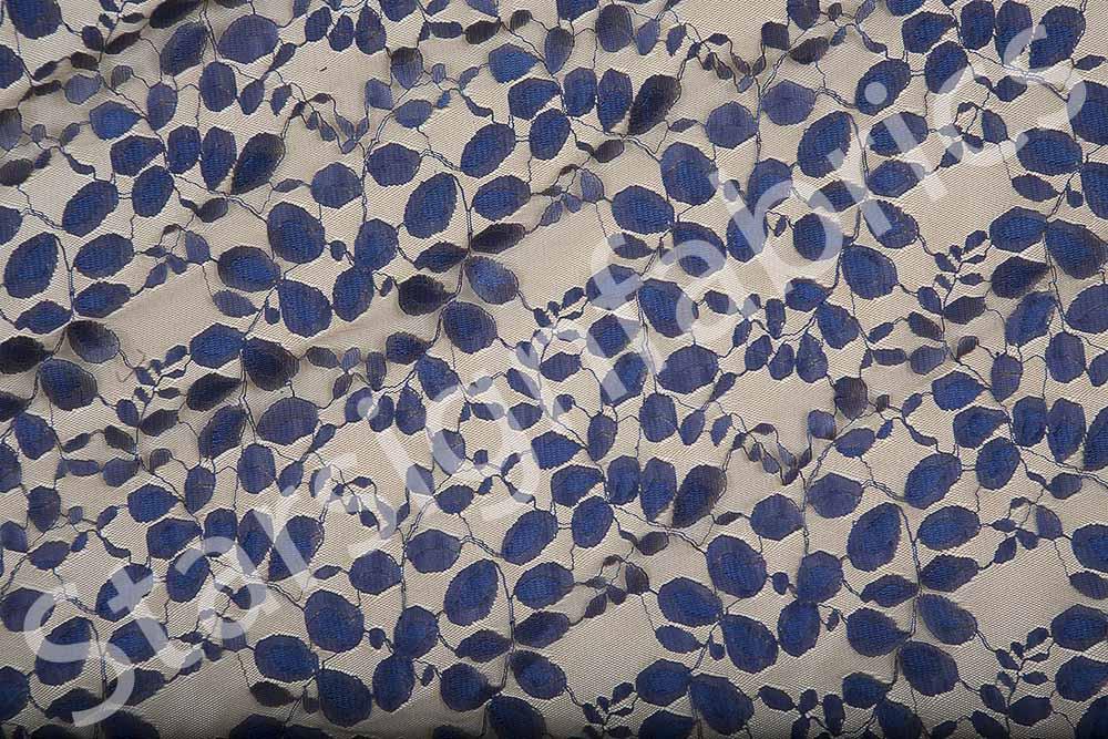 Navy Blue Leaf Design Lace Embroidery Knitted Fabric | Burç Fabric