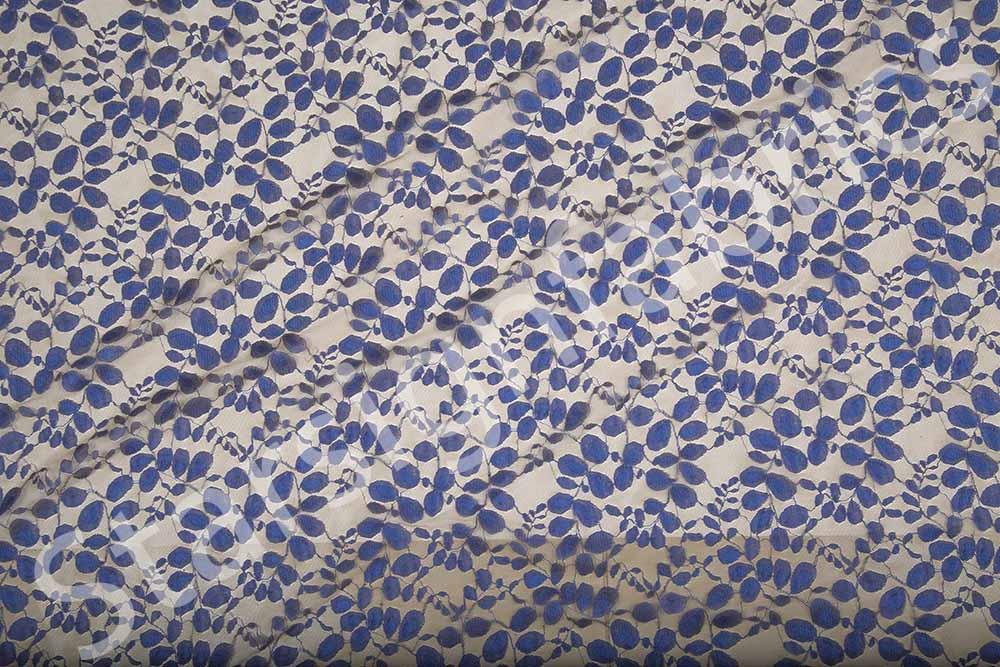 Navy Blue Leaf Design Lace Embroidery Knitted Fabric | Burç Fabric