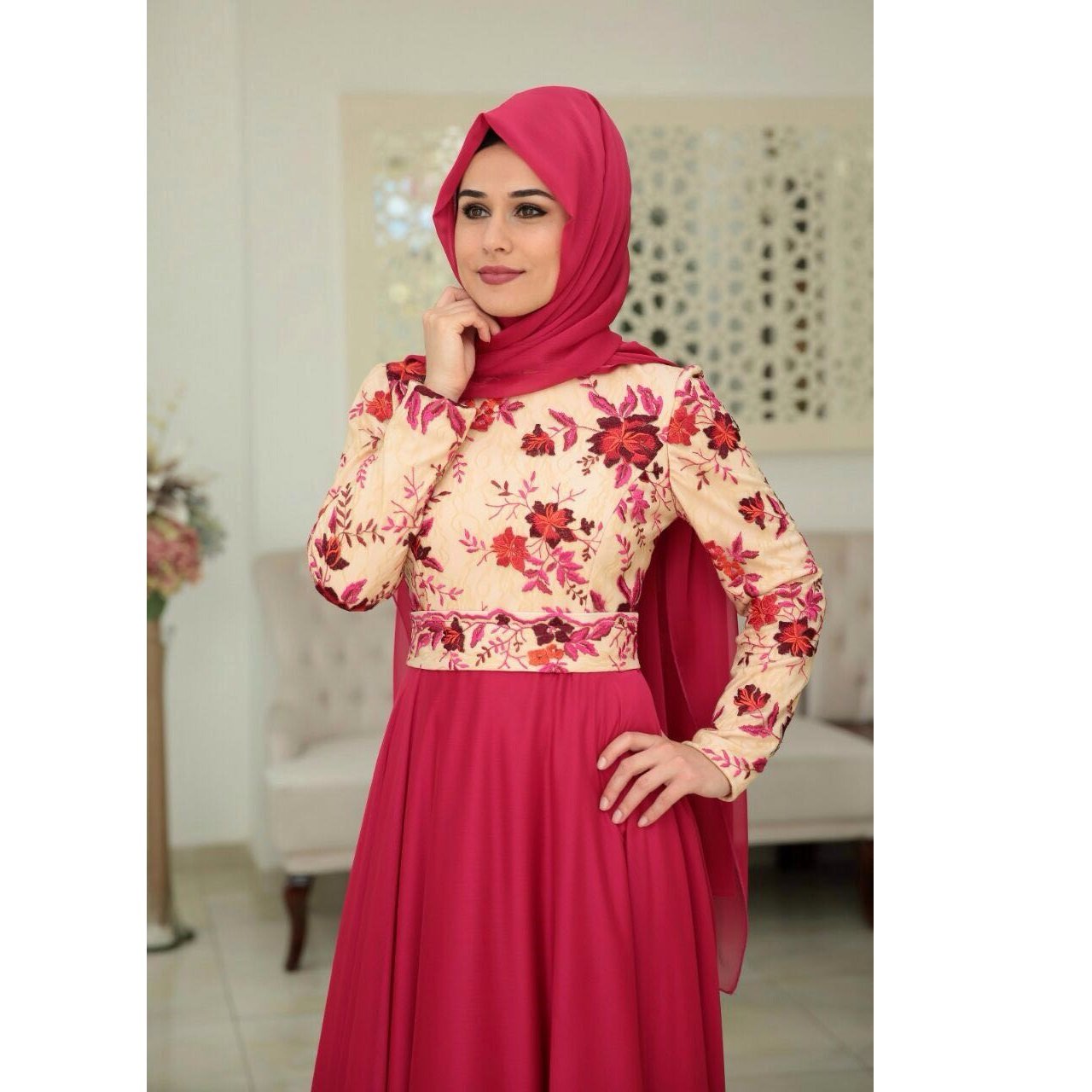 Mallorca Style Fuchsia Floral Embroidered Lace Dress | Burç Fabric