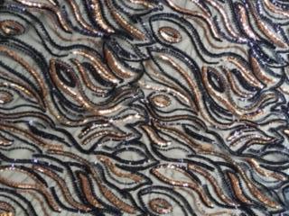 Navy Blue Wavy Design Colored Sequined Embroidery Fabric | Burç Fabric