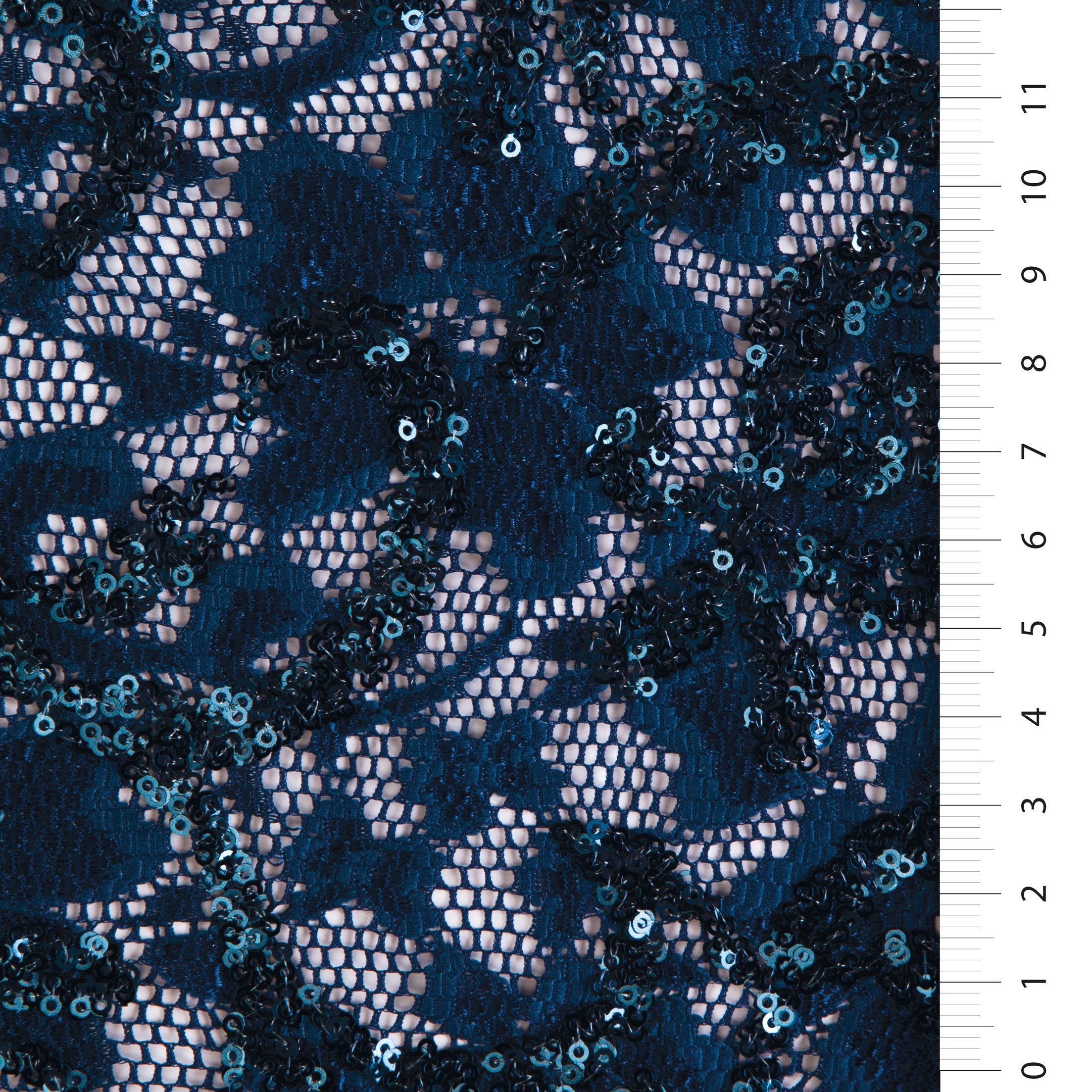 Navy Blue Flower Pattern Sequin Lace Embroidery Fabric | Burç Fabric