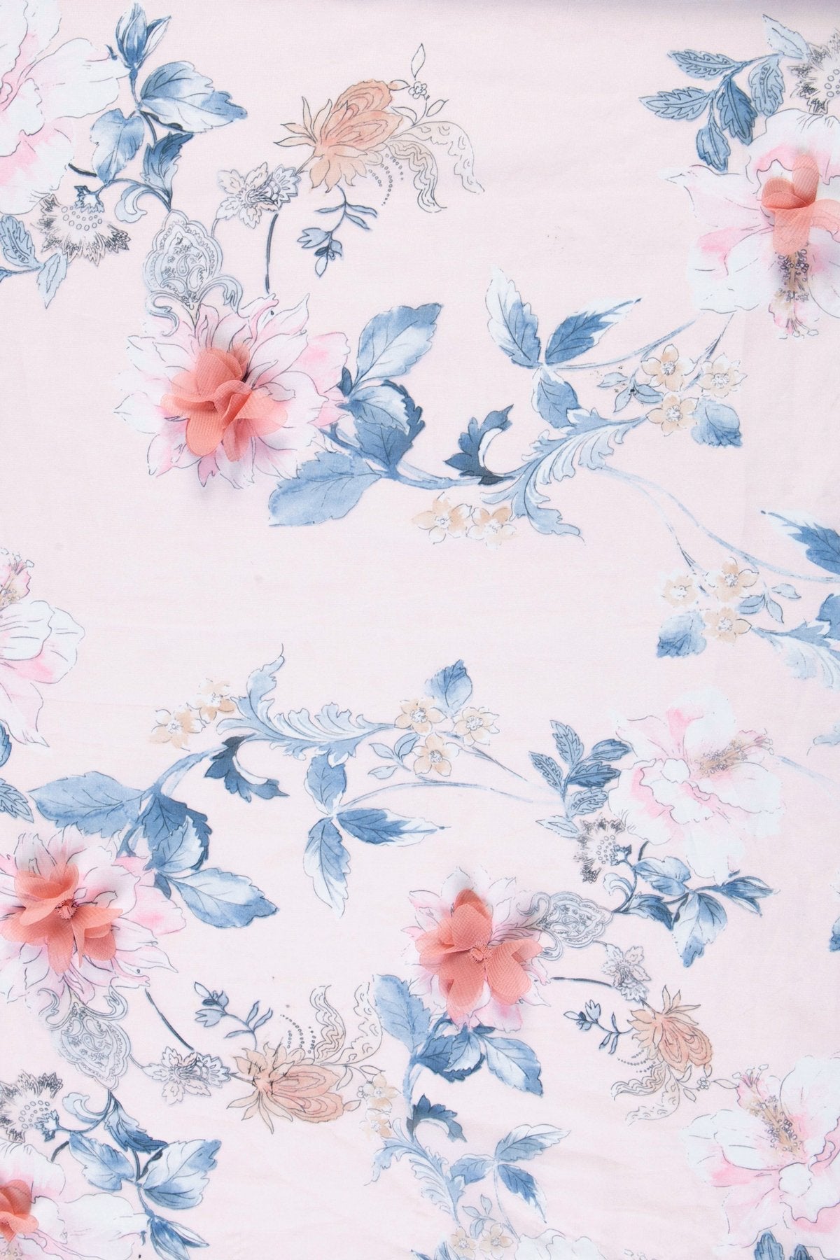 Blue 3D Flower Print Design Embroidery Woven Fabric | Burç Fabric