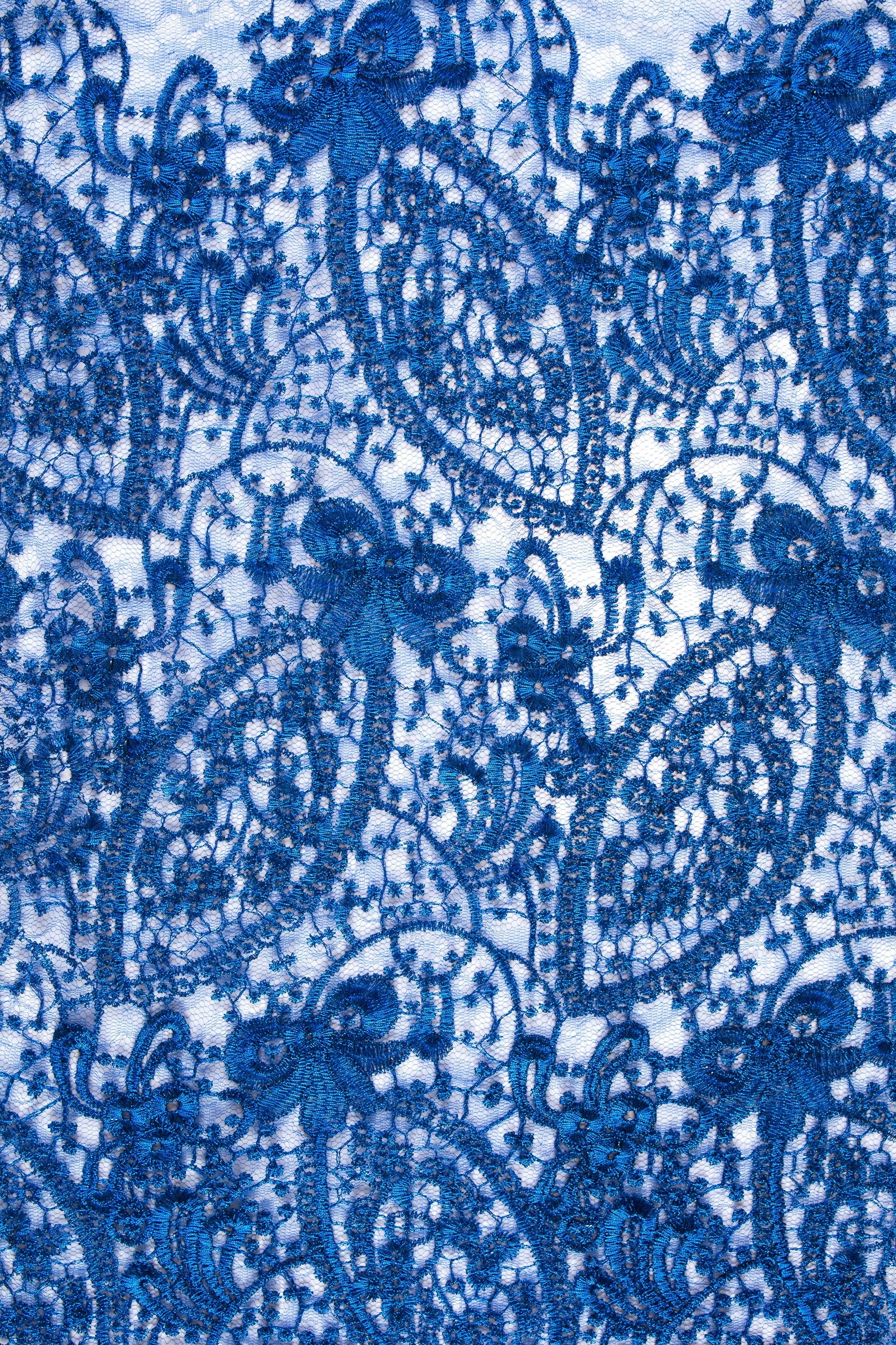 Shiny Lace Thread Embroidered Fabric with Far Eastern Style Oval Flower Design