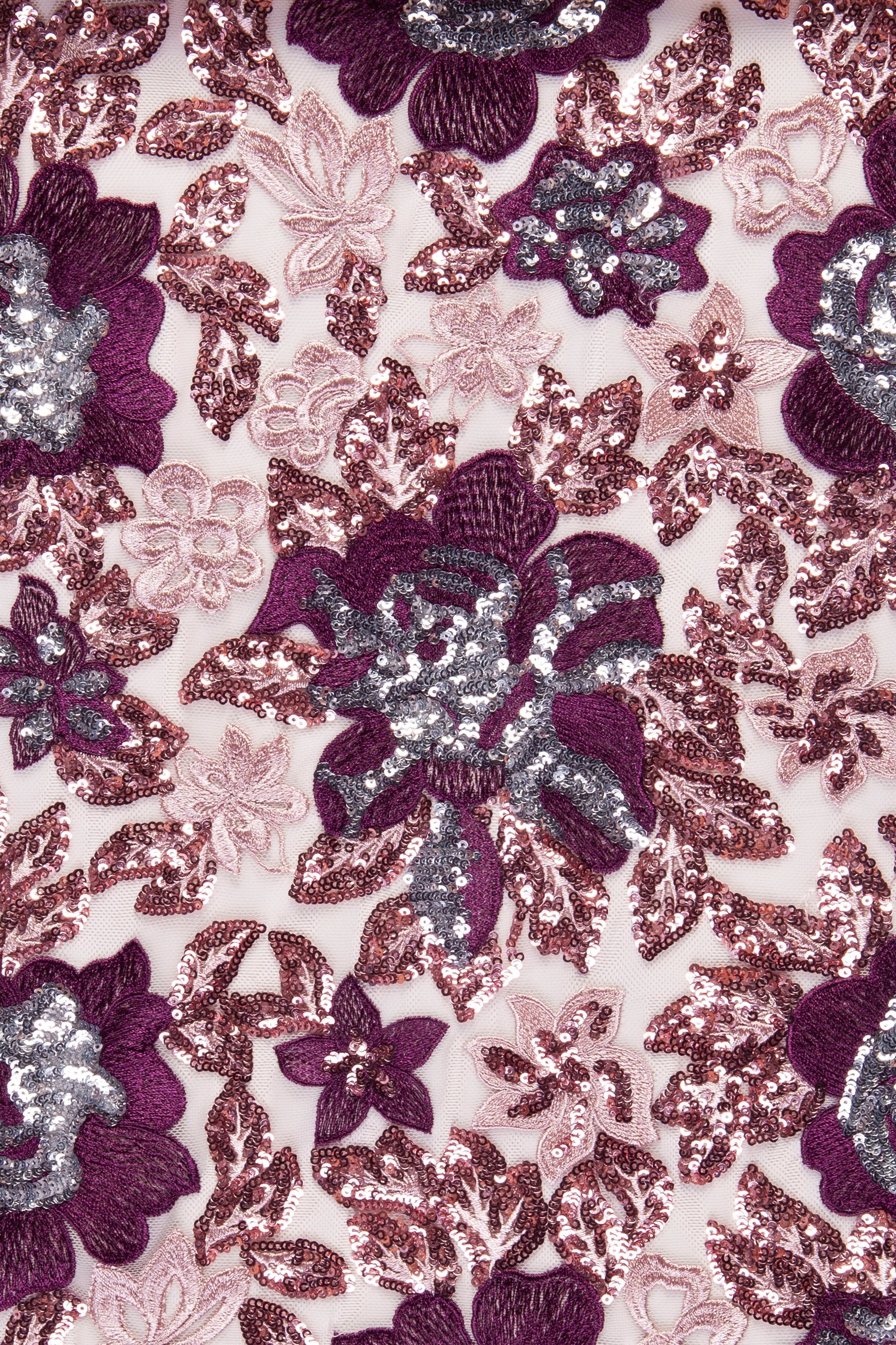 Beige-Green Fabric with Colorful Sequin Ornate Floral Pattern