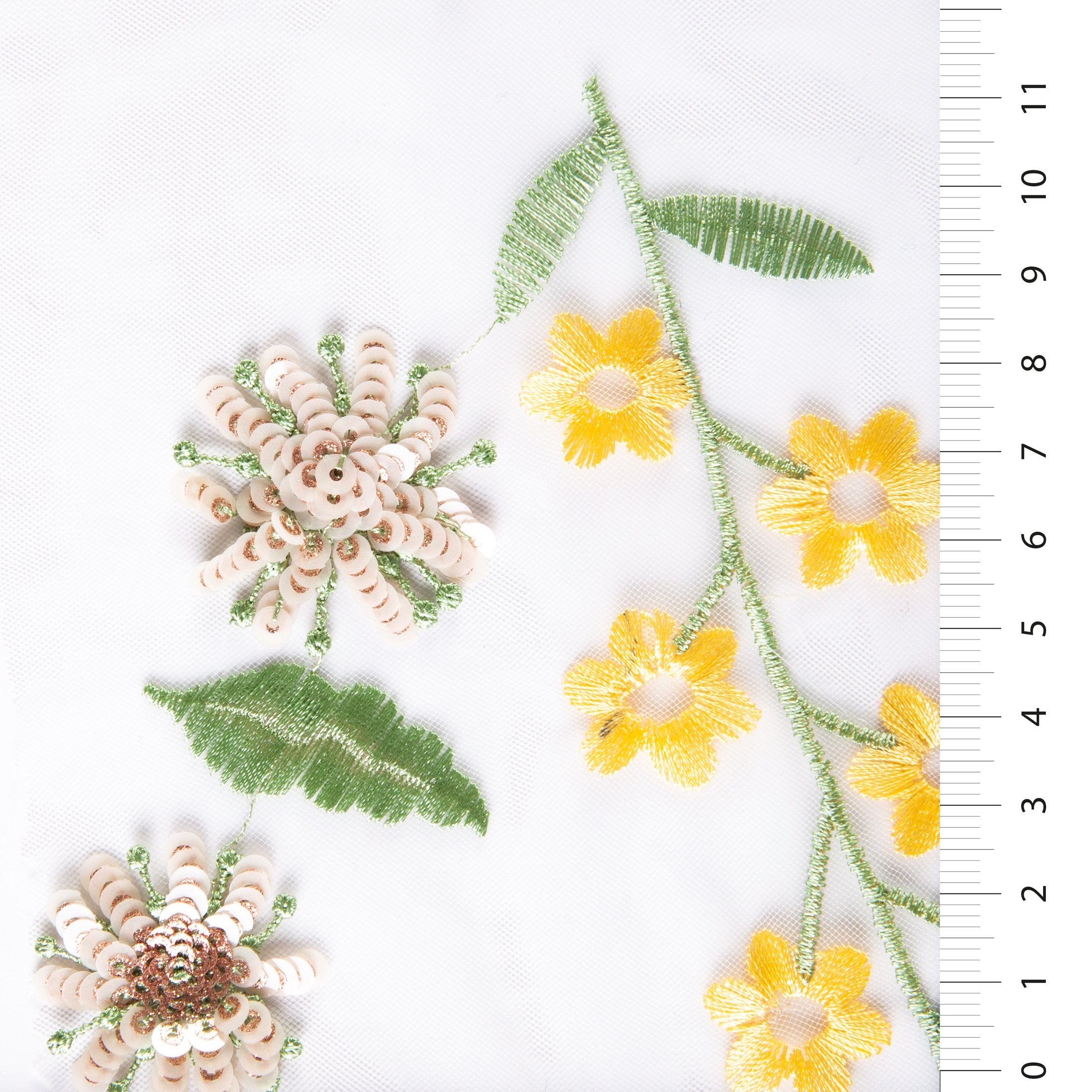 Yellow Floral Multicolored Sequin Thread Embroidery Fabric | Burç Fabric