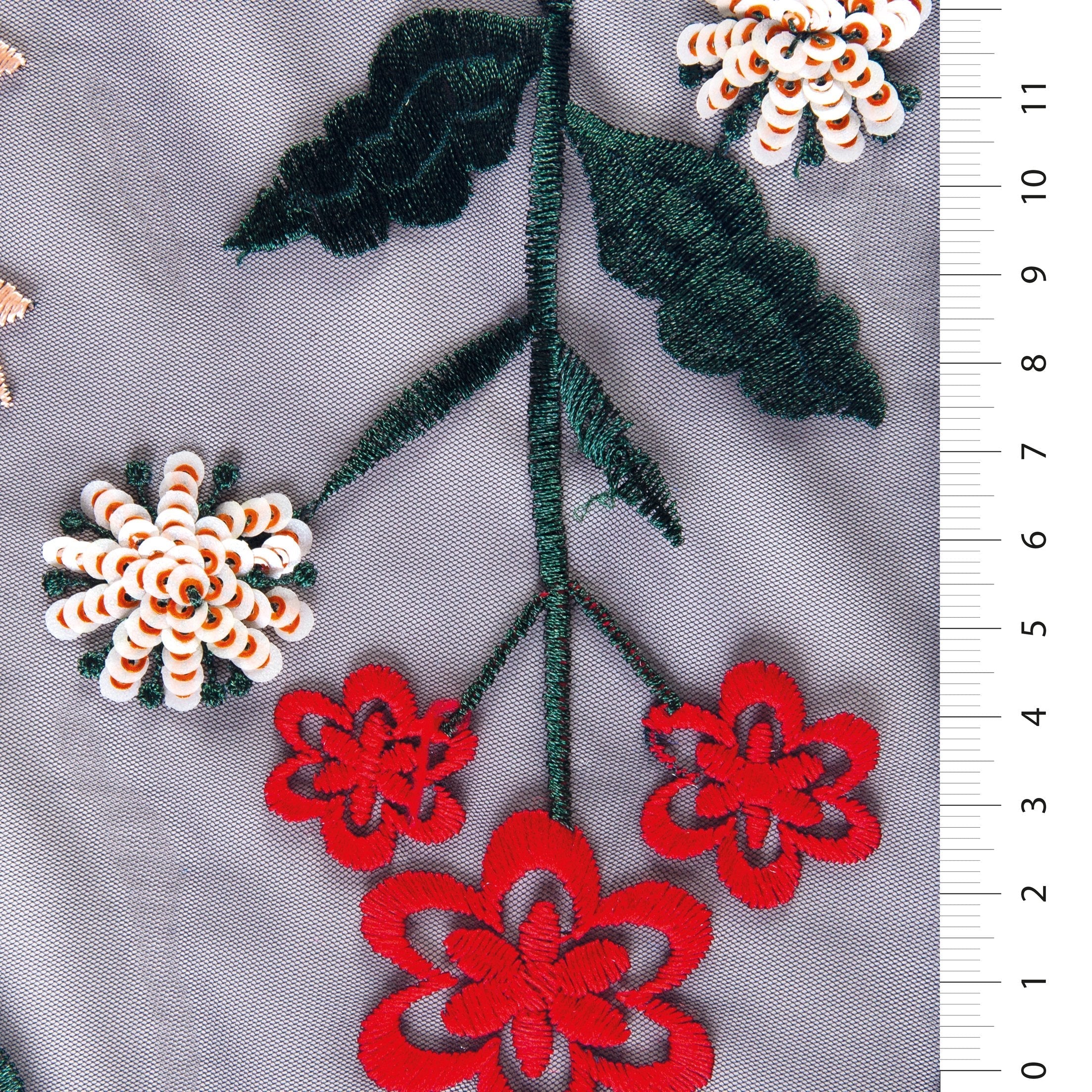 Multicolored Floral Sequin Yarn Embroidery Knitted Tulle Yellow Fabric