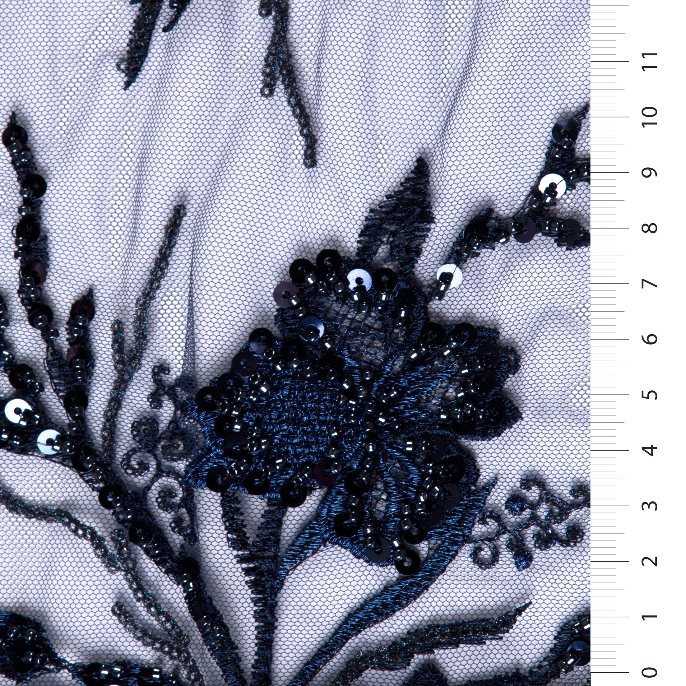 Gold Color Flower Sequin Thread Embroidery Tulle Fabric with Scallop Edge Black