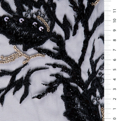 Gold Color Flower Sequin Thread Embroidery Tulle Fabric with Scallop Edge Black
