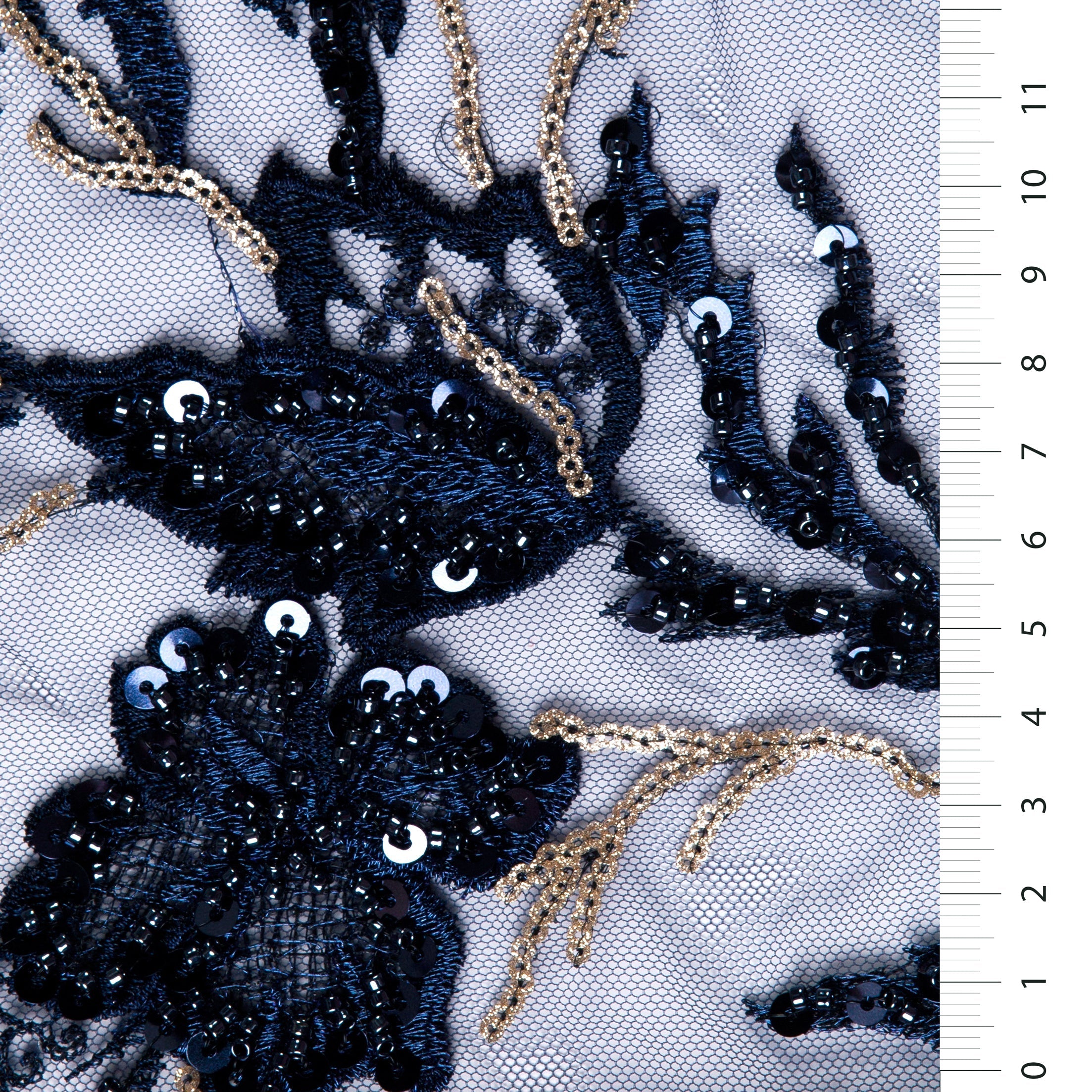 Gold Color Flower Sequin Thread Embroidery Tulle Fabric with Scallop Edge Black