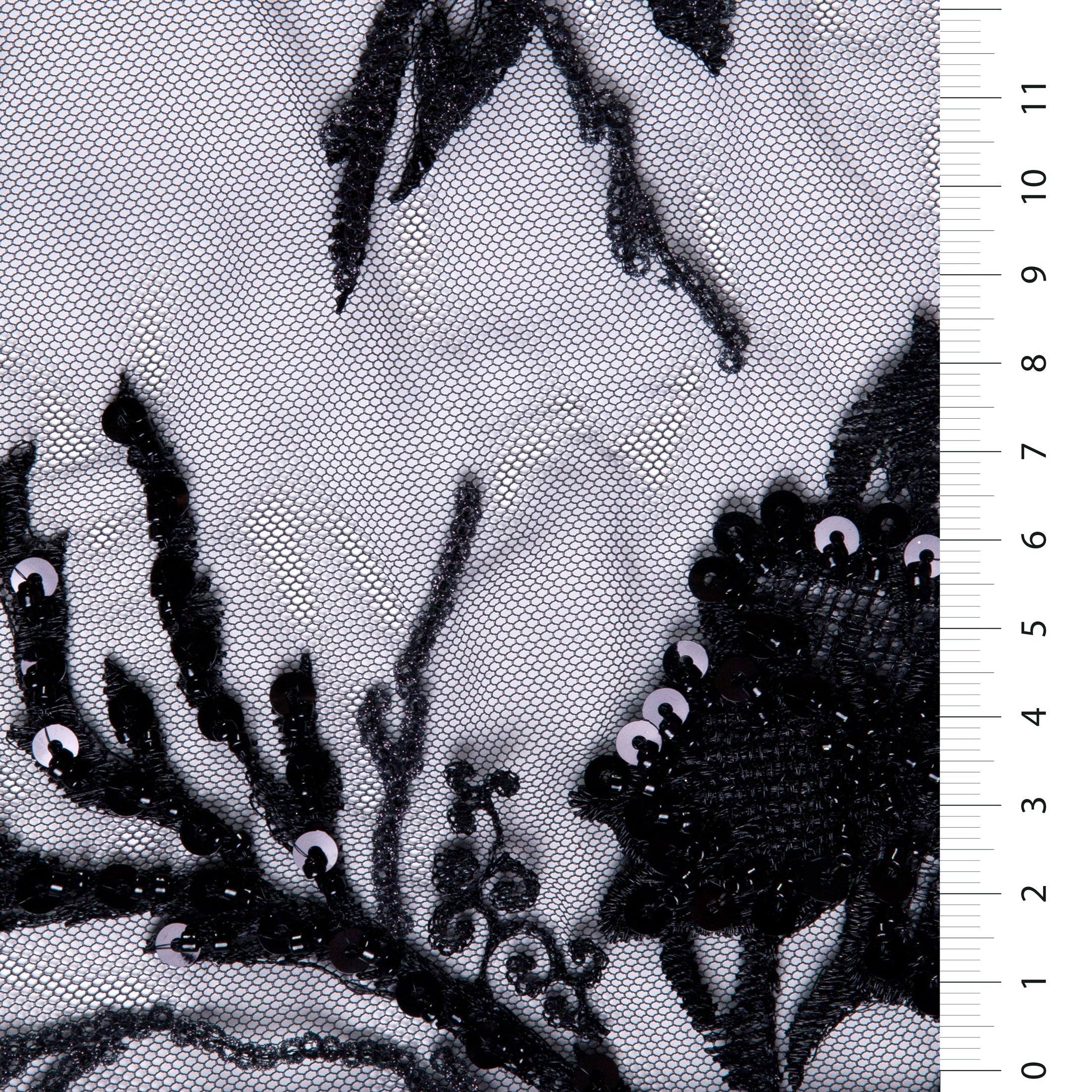 Gold Color Flower Sequin Thread Embroidery Tulle Fabric with Scallop Edge Black