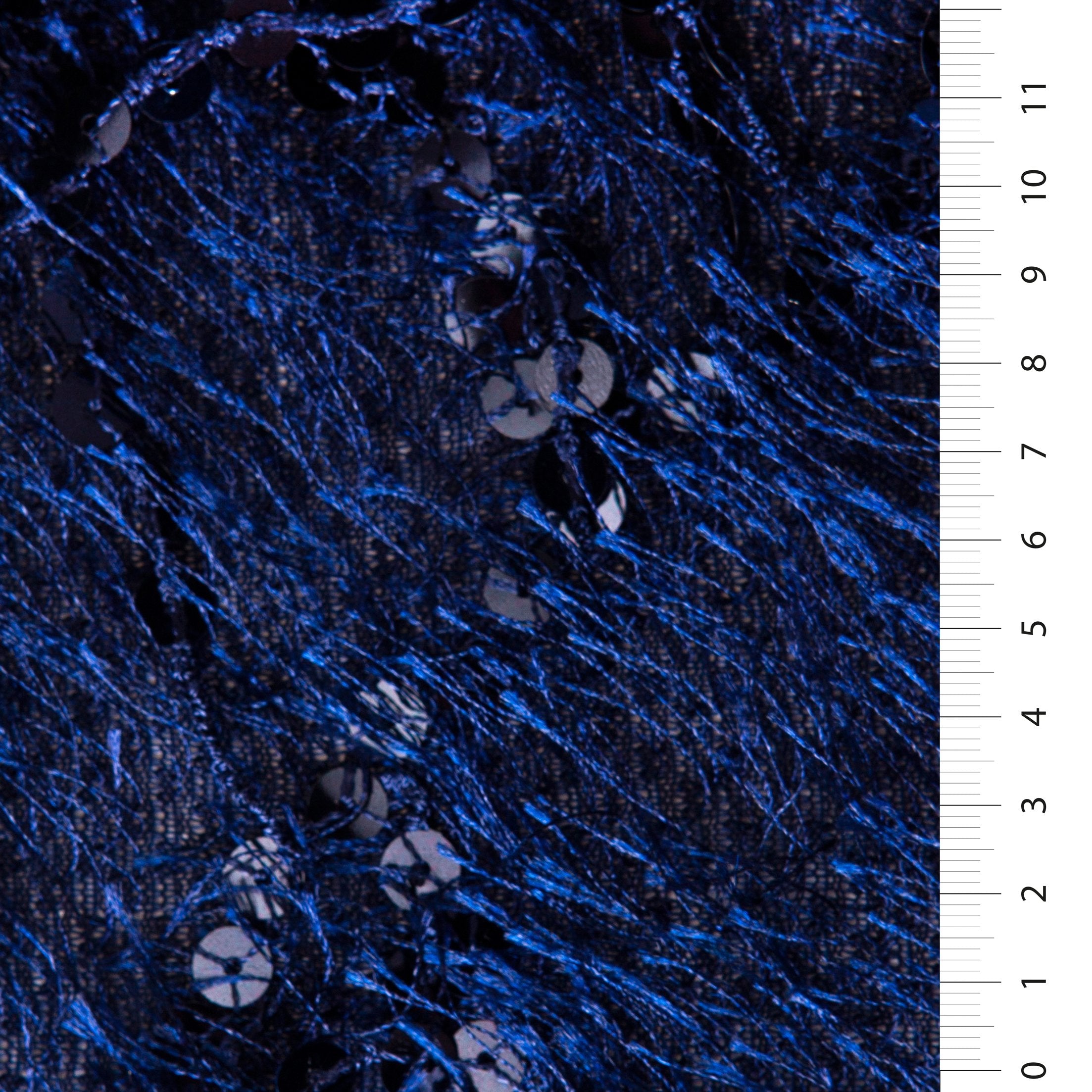Navy Blue Hairy Thread Fringed Sequin Embroidered Fabric | Burç Fabric