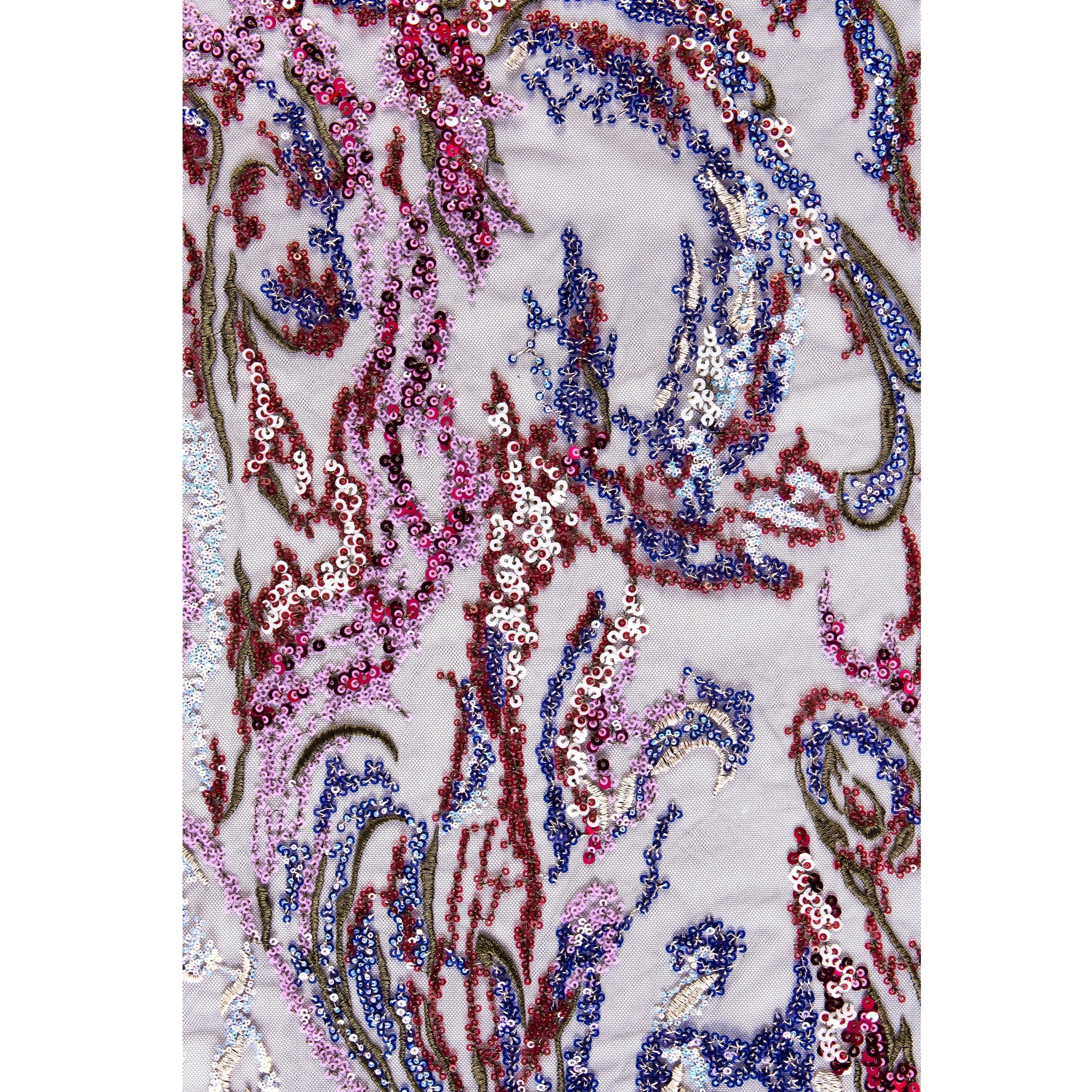 Skin Flower Design Colorful Sequined Thread Embroidered Tulle Fabric | Burç Fabric