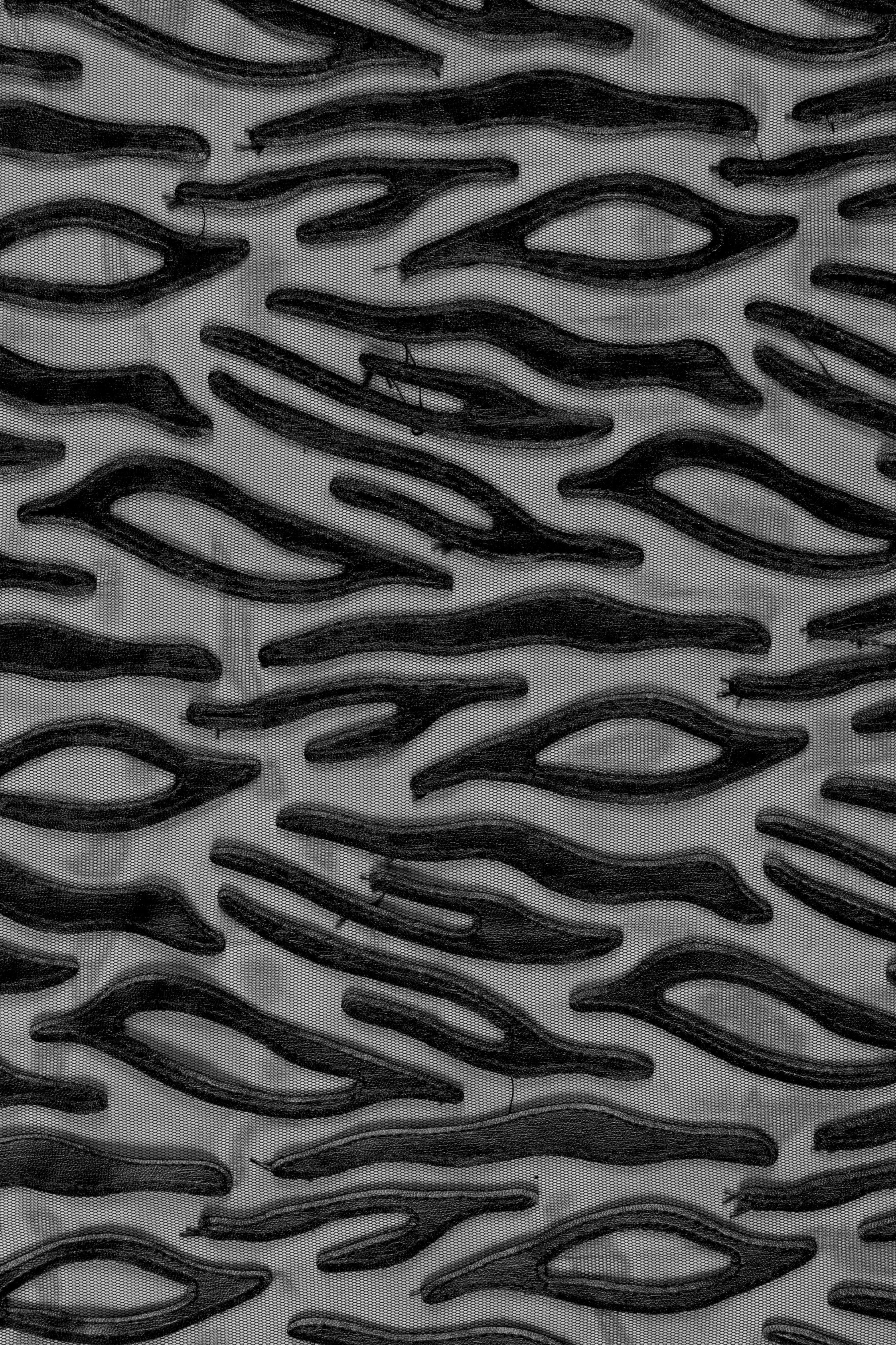 Black Kawasaki Style Laser Cut Faux Leather Embroidered Fabric | Burç Fabric