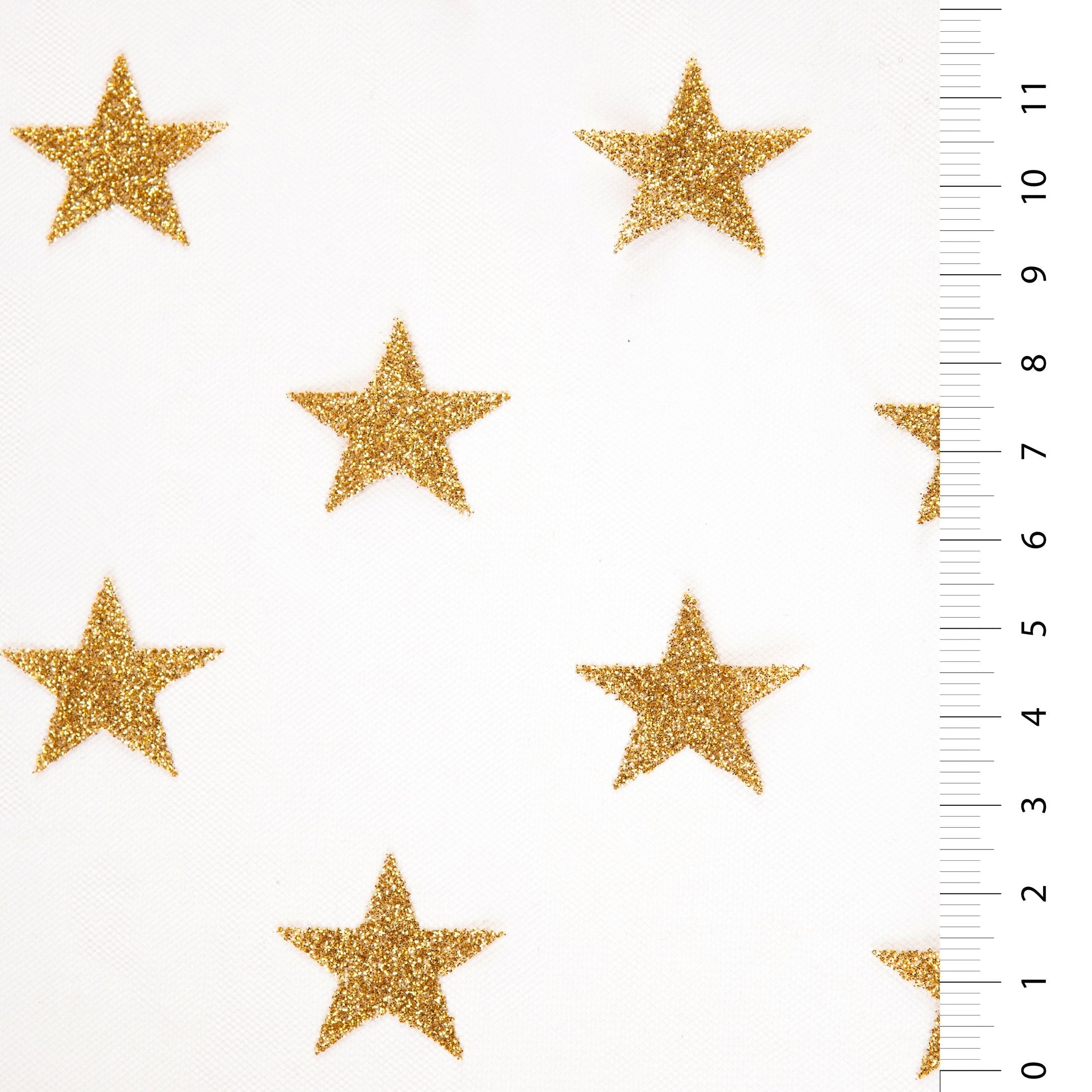 Flock Print Metallic Star Patterned Black-Gold Knitted Tulle Fabric