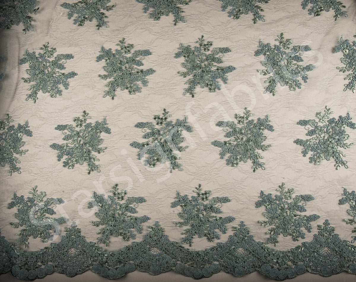 Green Scalloped Edge Drawstring Floral Embroidery Lace Fabric | Burç Fabric