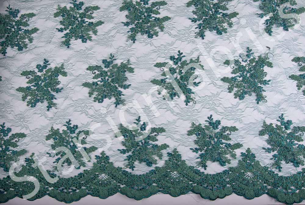 Green Scalloped Edge Drawstring Floral Embroidery Lace Fabric | Burç Fabric