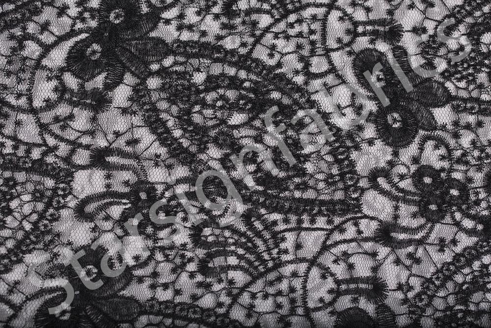 Shiny Lace Thread Embroidered Fabric with Far Eastern Style Oval Flower Design