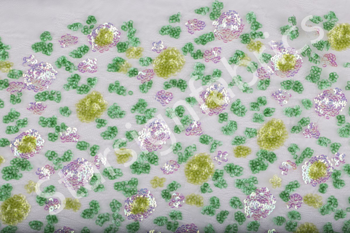 Dark Mint Cluster Floral Design Sequin Embroidered Fabric | Burç Fabric