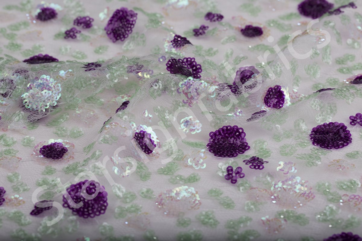 Fuchsia Cluster Flower Design Sequin Embroidered Fabric | Burç Fabric