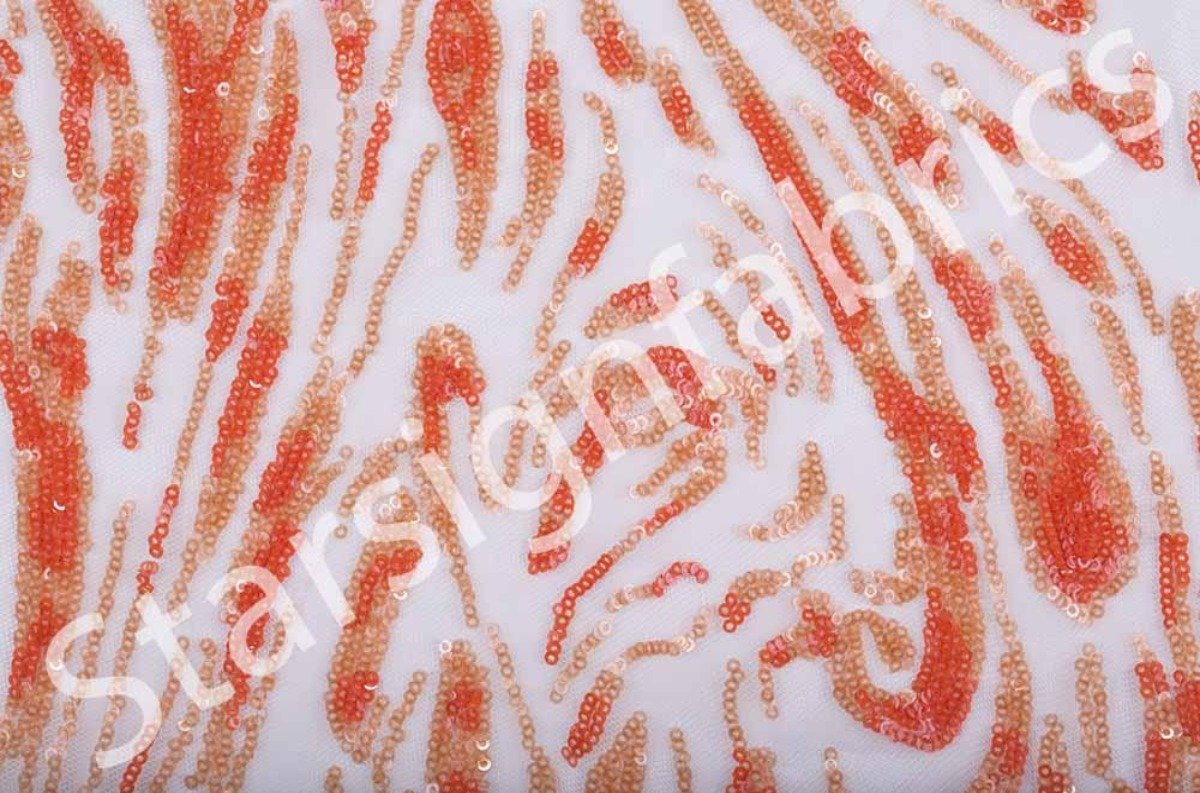 Orange Swirl Patterned Sequin Embroidered Knitted Fabric | Burç Fabric