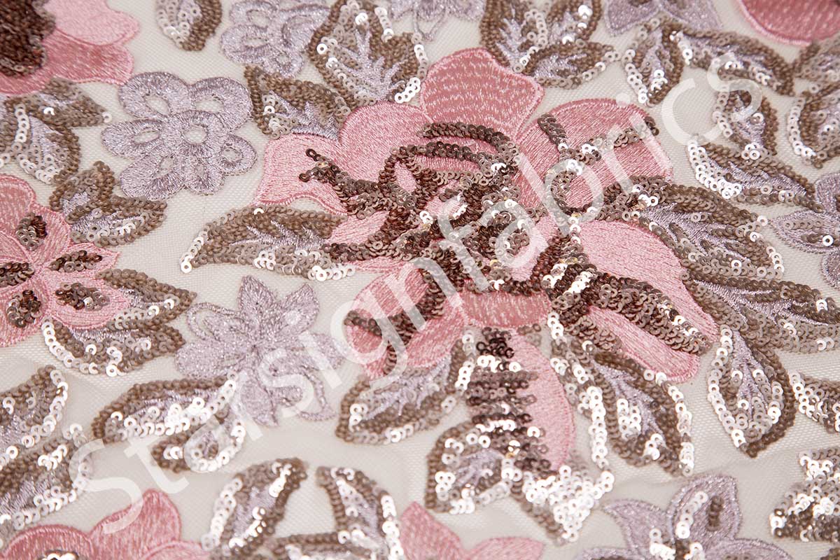 Beige-Green Fabric with Colorful Sequin Ornate Floral Pattern