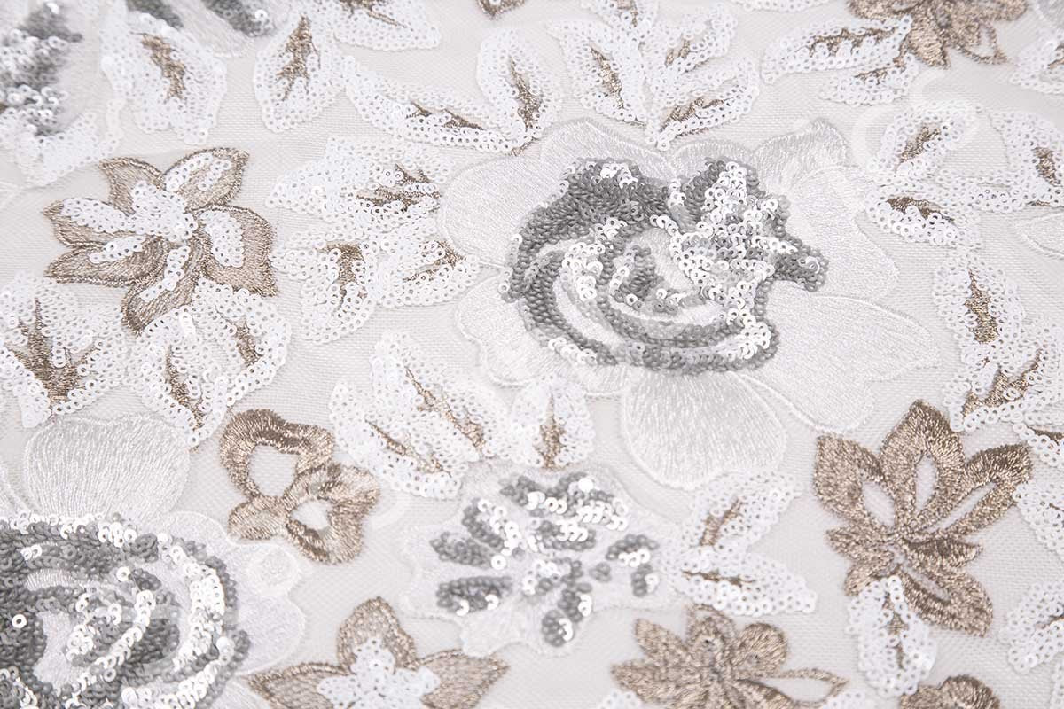 Beige-Green Fabric with Colorful Sequin Ornate Floral Pattern