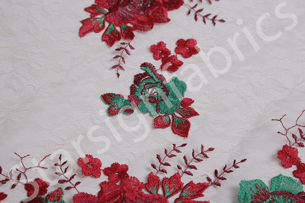 Maltese Style Green Floral Pattern Lace Embroidery Fabric | Burç Fabric