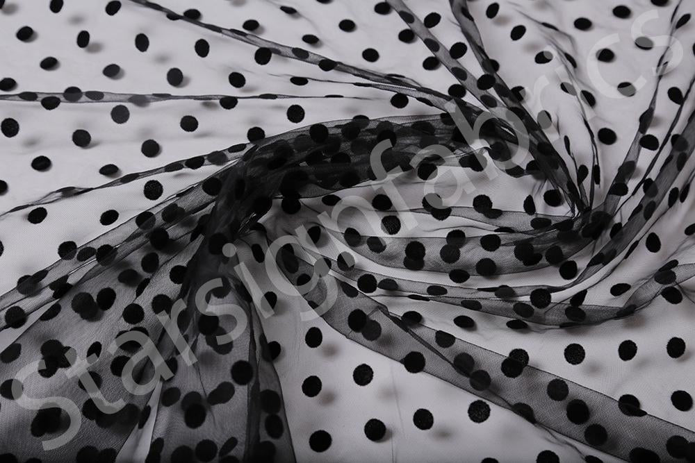 1 cm Flock Printed Polka Dot Knitted Tulle Fabric
