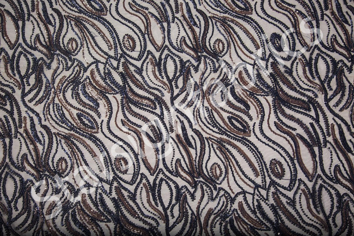 Navy Blue Wavy Design Colored Sequined Embroidery Fabric | Burç Fabric