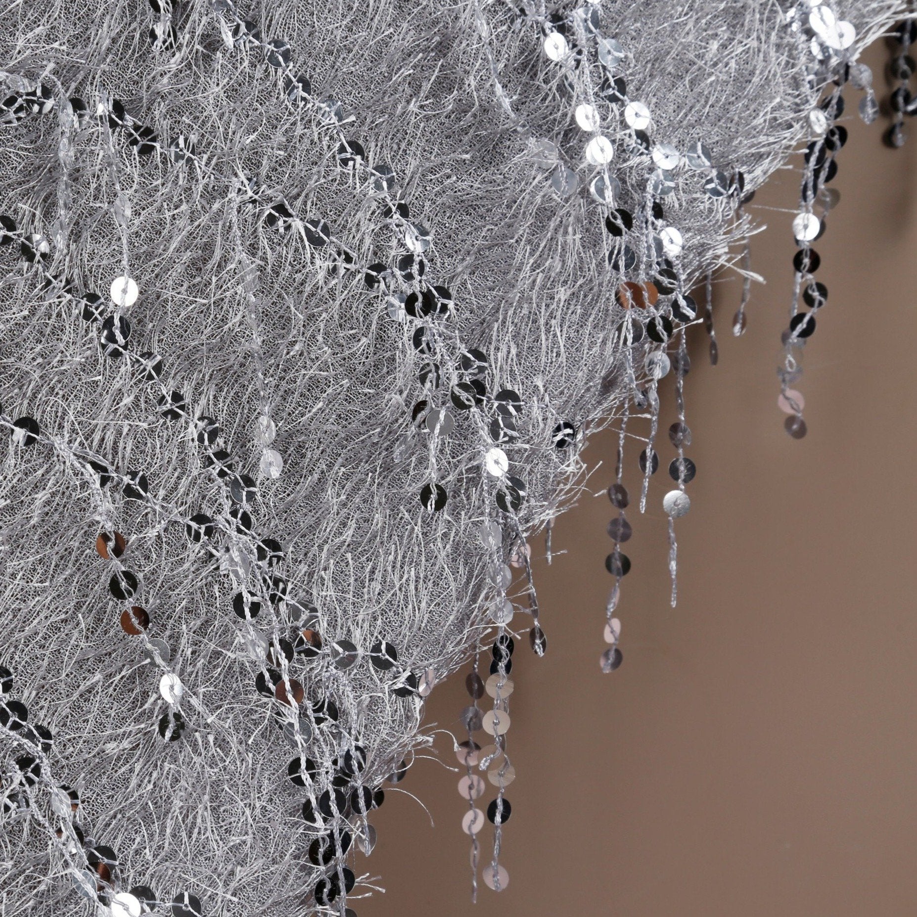 Silver Feather Thread Fringed Sequin Embroidered Fabric | Burç Fabric