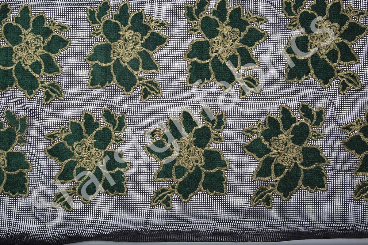 Green Velvet Flower Embroidered Fabric on Net Tulle | Burç Fabric