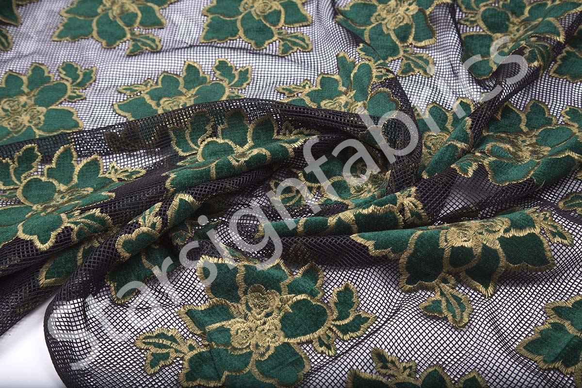 Green Velvet Flower Embroidered Fabric on Net Tulle | Burç Fabric