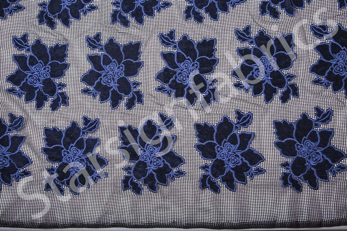 Navy Blue Velvet Flower Embroidered Fabric on Mesh Tulle | Burç Fabric