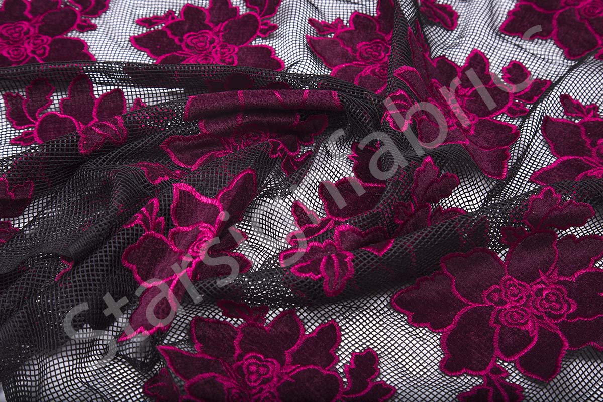 Burgundy Velvet Flower Embroidered Fabric on Net Tulle | Burç Fabric