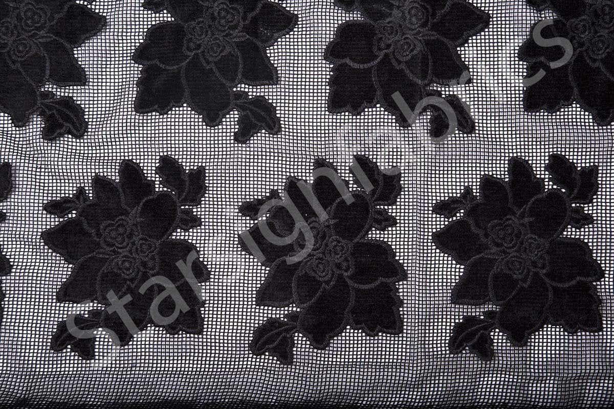 Black Velvet Flower Embroidered Fabric on Net Tulle | Burç Fabric