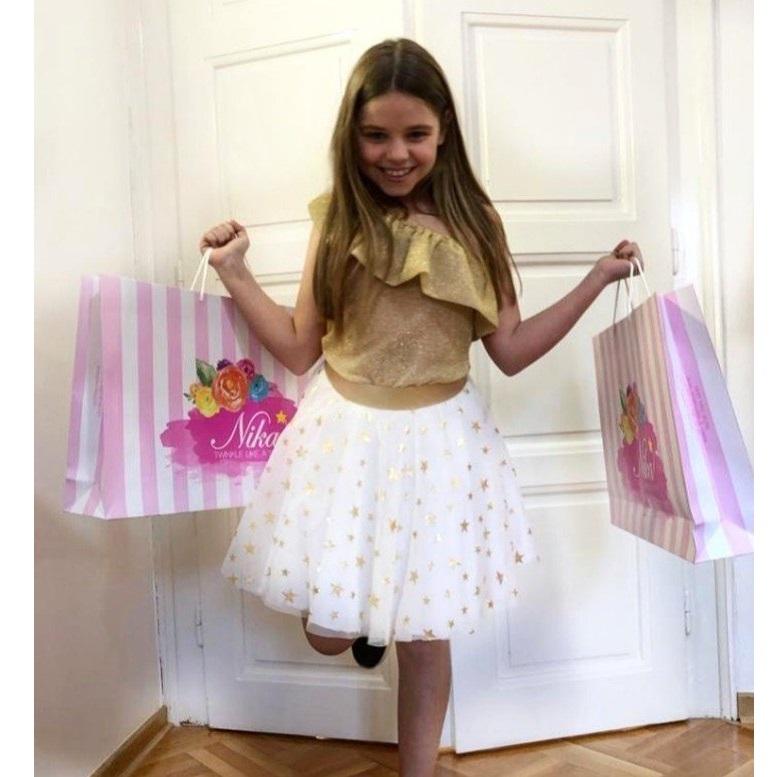 Altın-Beyaz Flok Metalik Yıldız Desenli Örgü Tül Kumaş | Burç Kumaş