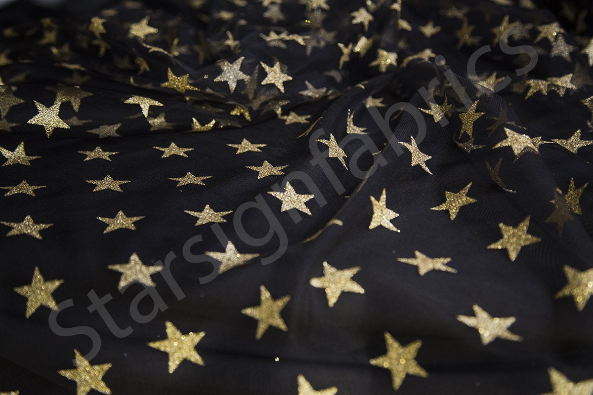 Siyah-Altın Flok Metalik Yıldız Desenli Örgü Tül Kumaş | Burç Kumaş