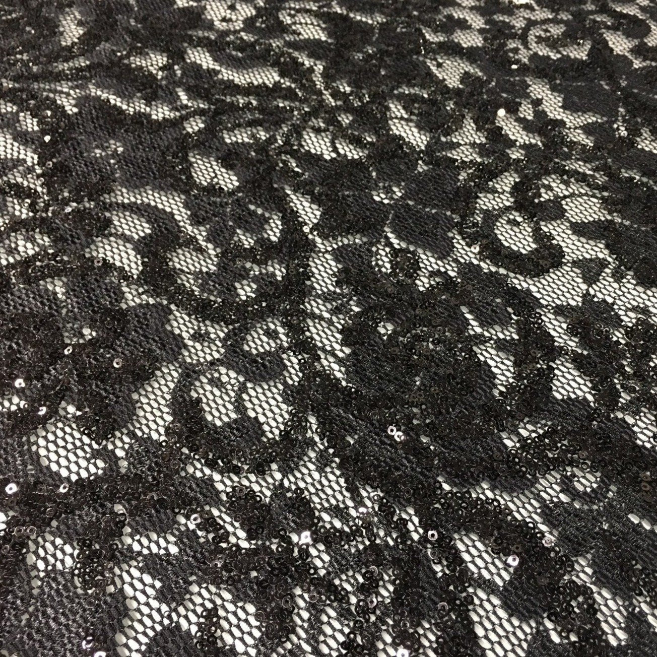 Black Flower Pattern Sequin Lace Embroidery Fabric | Burç Fabric