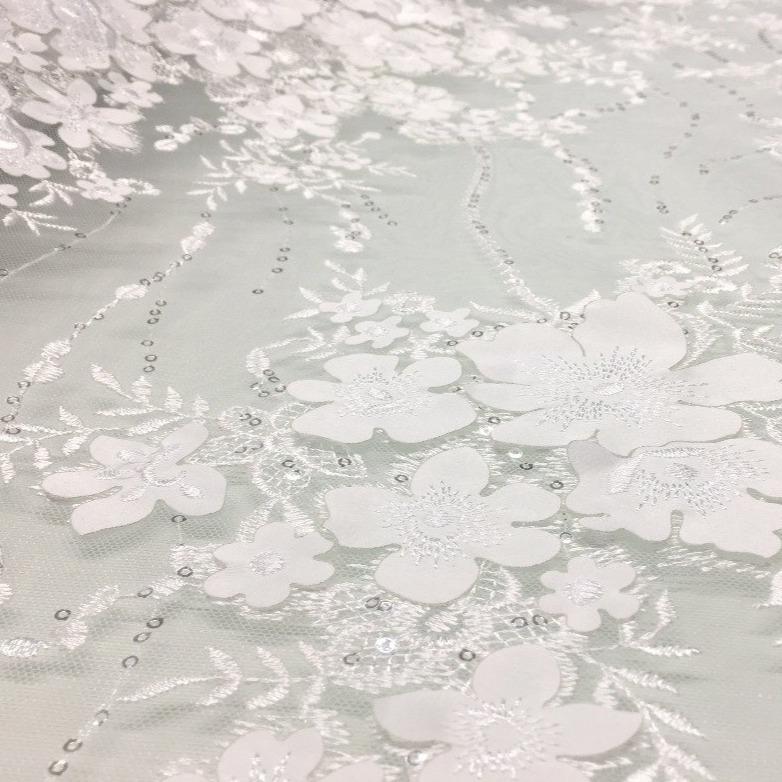 3D Flower Design Embroidered Fabric on Ivory Knitted Base | Burç Fabric