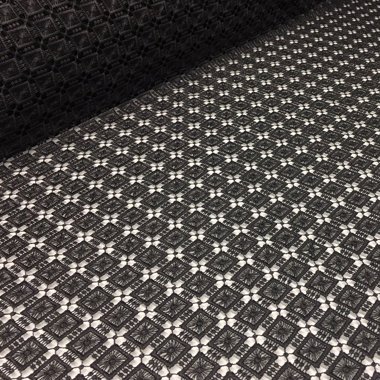 Modern Art Ethnic Black Square Patterned Guipure Fabric | Burç Fabric