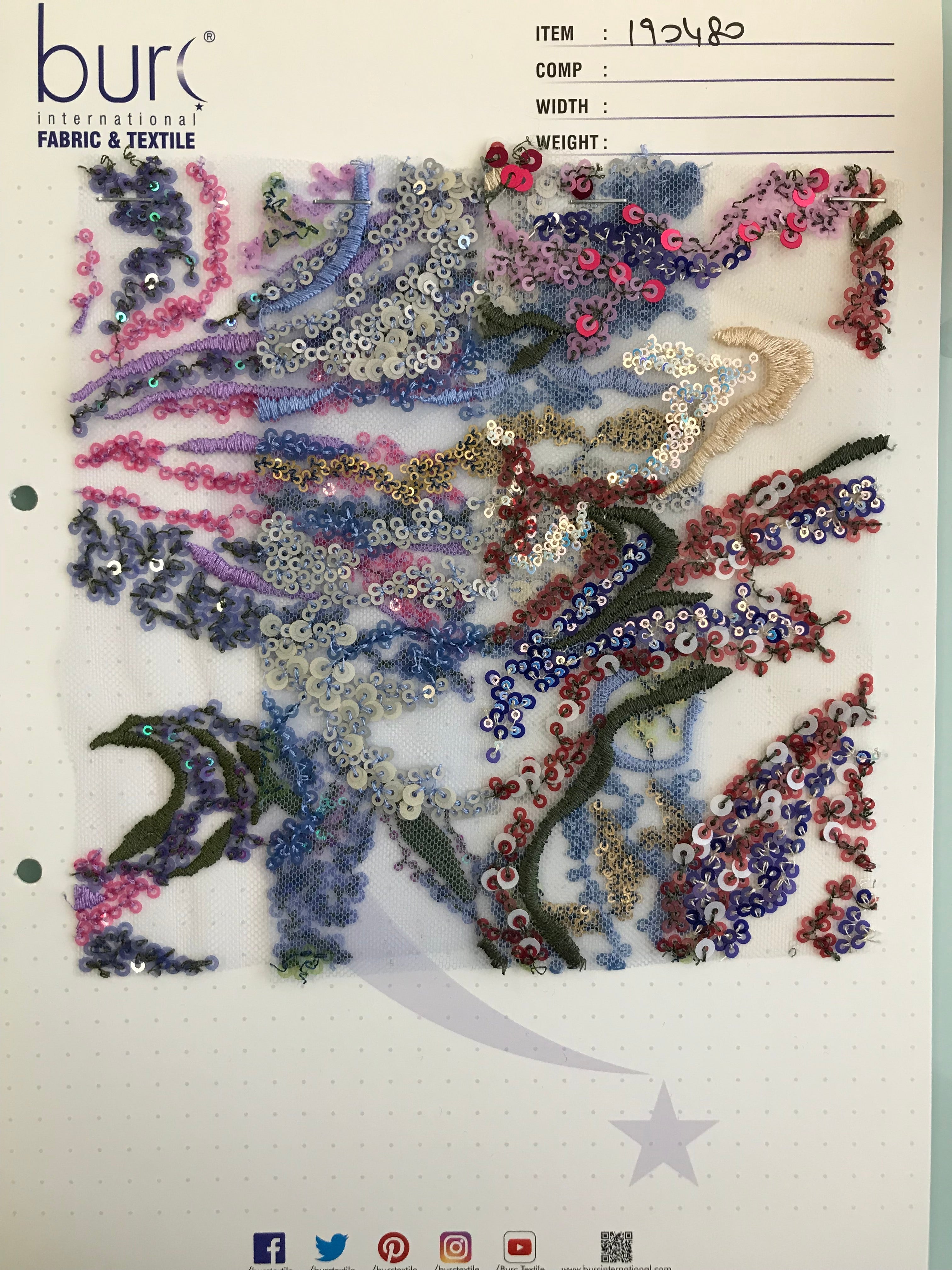 Floral Design Colorful Sequined Thread Embroidered Tulle Fabric